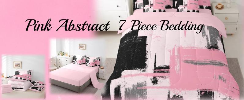 Abstract 7 Piece Multiple Sizes Bed Set Includes Comforter,Sheet Set,Modern Abstract Art  Bedding Set,Pink Black Pattern Bedding Sets