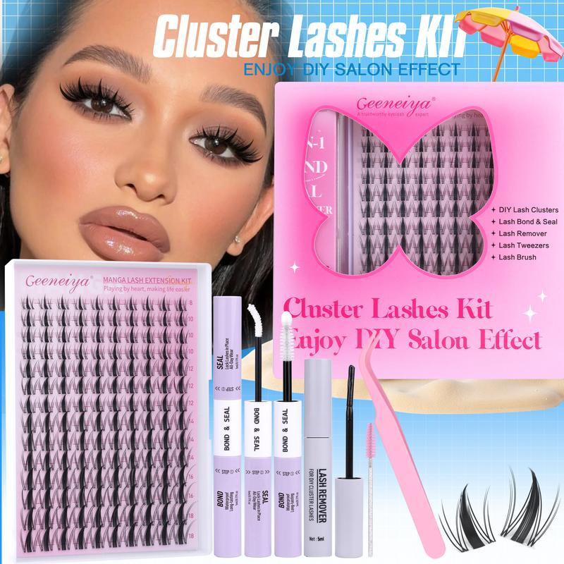 Geeneiya Manga Lashes Waterproof DIY Lash Extension Kit, 8-18MM Wispy Lash Clusters Kit, Ultra-thin Soft Band Eyelash Extension Kit with Lash Bond and Seal, Professional Lash Remover, Tweezers for Girls Gift Makeup Cosmetic TikTokShopBlackFriday