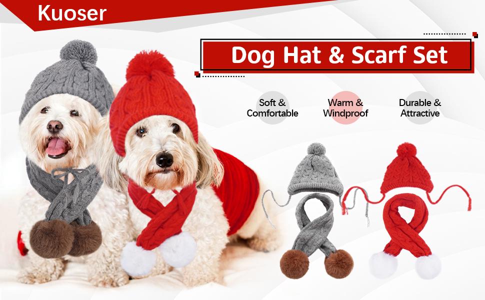 Kuoser Dog Hat & Scarf Set, Dog Knitted Hat Pet Christmas Winter Warm Caps Cute Accessories Neck Ear Warmer Hood Warm Scarf Party Decoration for Pet Cat and Dog fit for Small Medium Large Dogs
