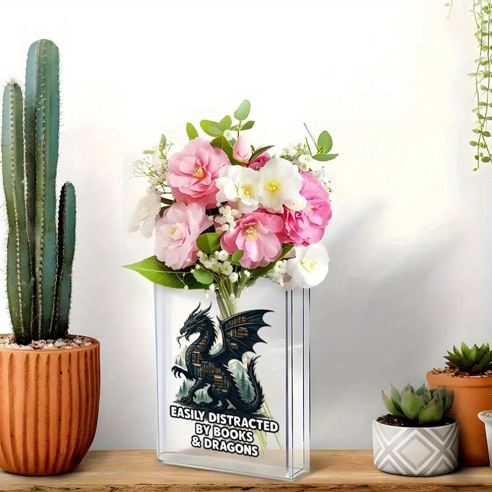 Acrylic Book-Shaped Vase, Transparent Material, Hand-Drawn Shelf Design, Elegant Home Decor, Perfect for Teacher's Day, Birthday, Christmas