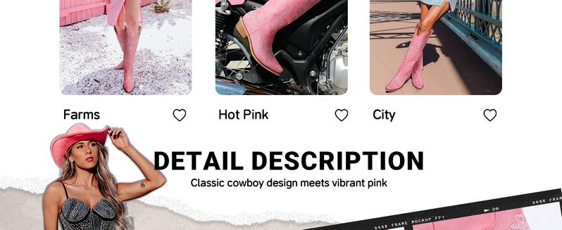Pink Cowboy Boots for Women - Knee High Sparkly Rhinestone Boots, Retro Country Boots with Classic Embroidered, Pointed Toe Chunky Heel Pull on Vintage Botas, Christmas Gifts