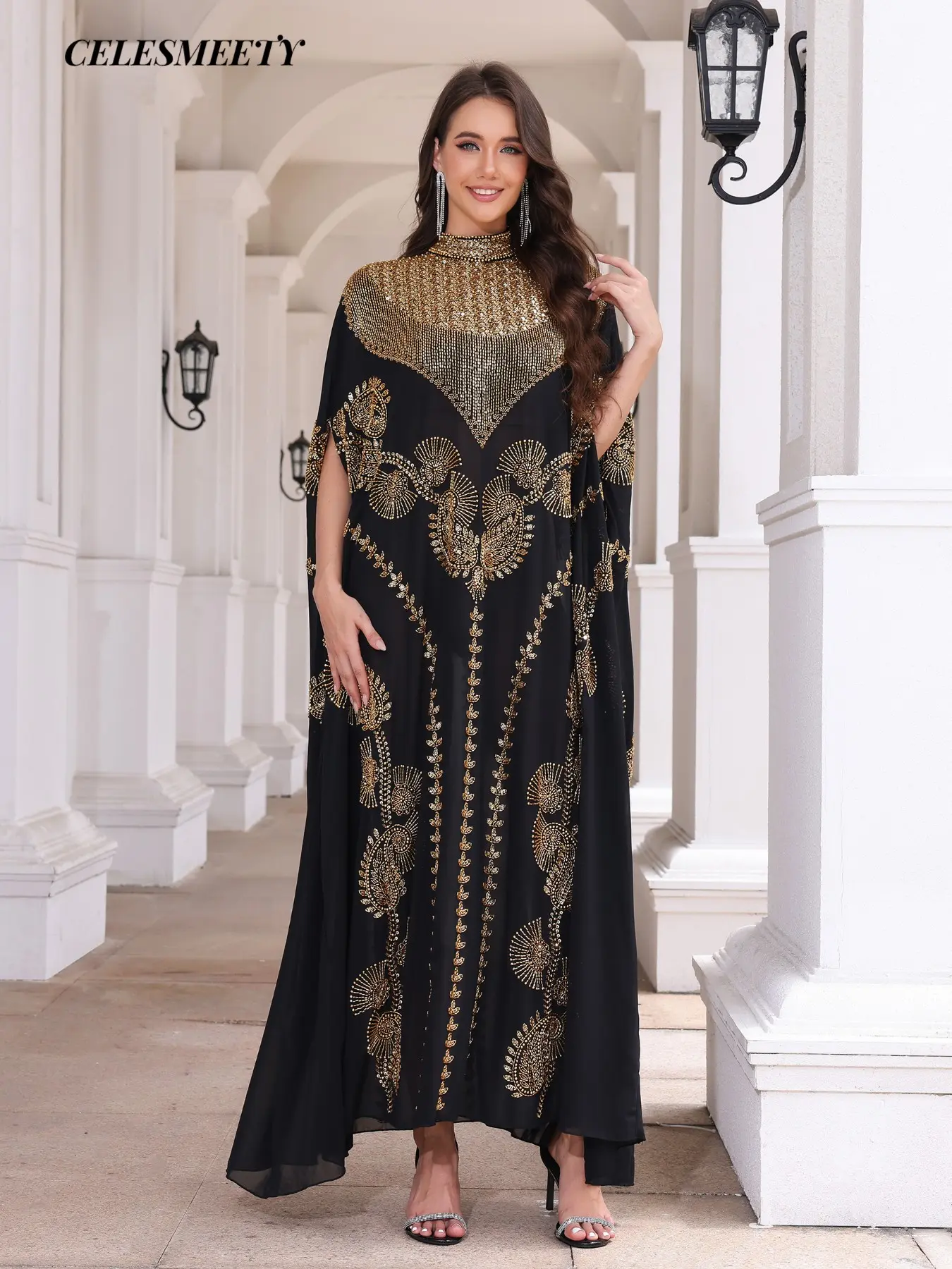 Celesmeety Muslim Abaya Dress, Sequin Long Robe, Elegant Islamic Fashion, Perfect for Weddings and Parties, All-Season Loose Fit