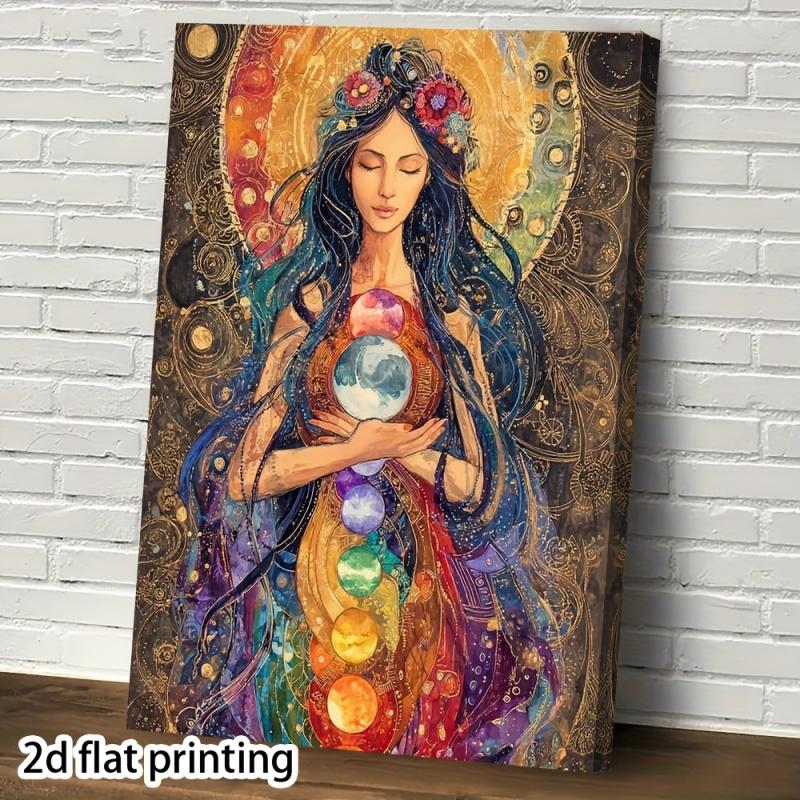 1pc Gaia Goddess Wall Art - Bohemian Celestial Earth Goddess Painting with Deep Blue & Golden Tones, Wrapped Canvas Framed Print Suitable for Living Room, Bedroom, Office - Natural Soul Art, 2D Flat Goddess Art Print, Perfect Room Decoration