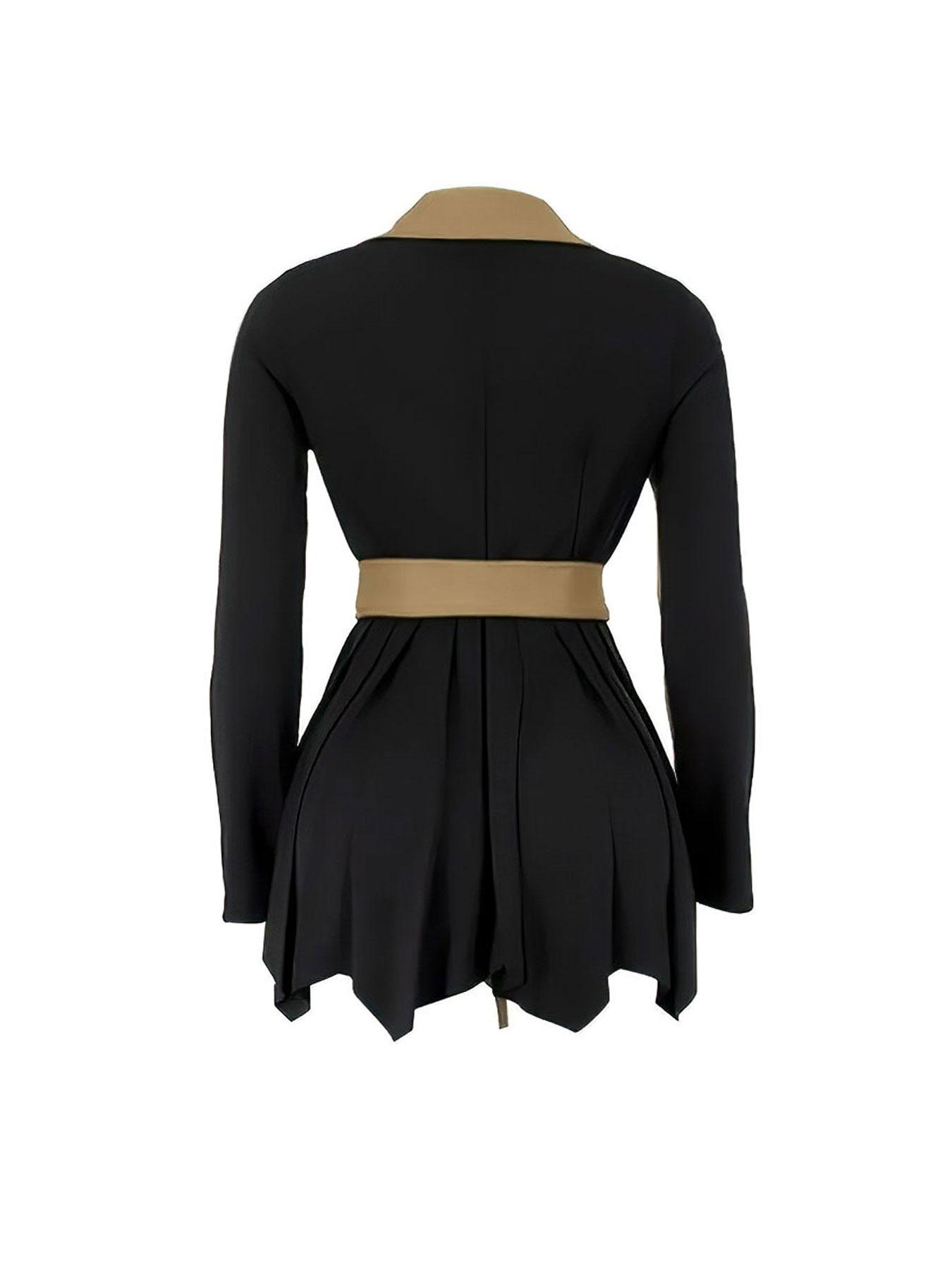 Women's Colorblock Double Button Plicated Belted Blazer Dress, Elegant Lapel Neck Long Sleeve Short Dress for Fall & Winter, Women's Clothing for Daily Wear