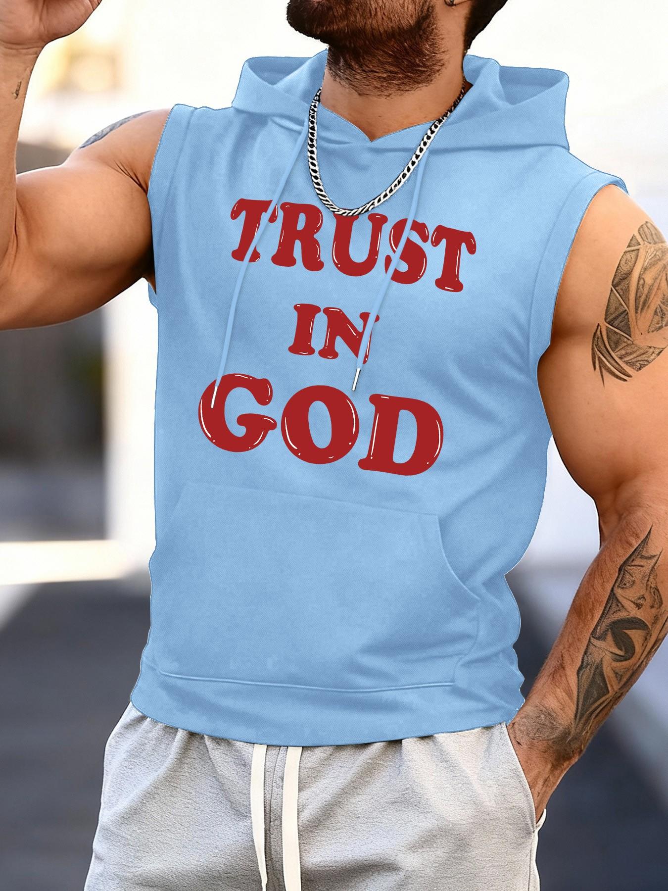 Trust in God Faith Slogan Print Sleeveless Hooded Vest for Men, Summer Fashion Religious Style, Sporty Geometric Pattern