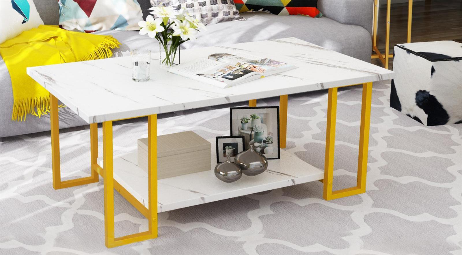 AWQM Marble Coffee Table, Faux Marble Top Rectangular Coffee Table with Black Metal Frame, 2 Tier Living Room Table for Living Room, Office, Balcony, 40 Inch