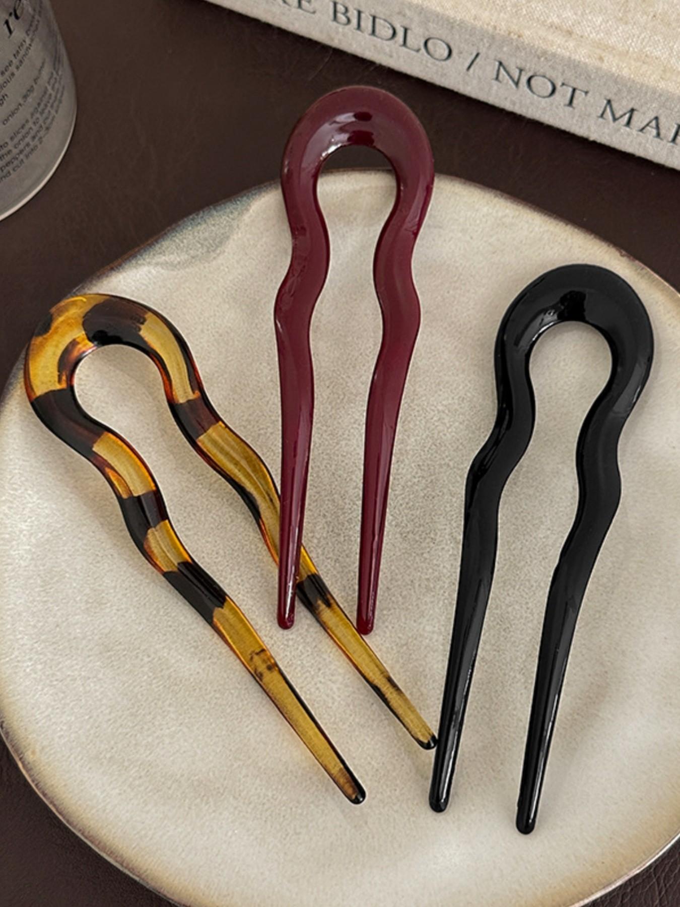 3Pcs Simple Acrylic U-Shaped Wavy Hair Pins, French Style Vintage Hair Sticks for Back Head Bun Hairstyling, Light Luxury New Chinese Style Hair Accessories
