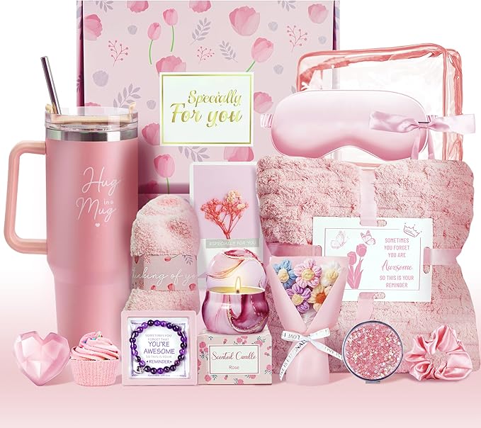 15PCS Care Package with Luxury Flannel Blanket and 40 oz Tumbler, 15PCS Birthday Gifts for Women, Relaxing Spa Gifts Baskets for Her,  Valentines, Mothers Day, Christmas Women's Gift for Mom, Wife, Friends
