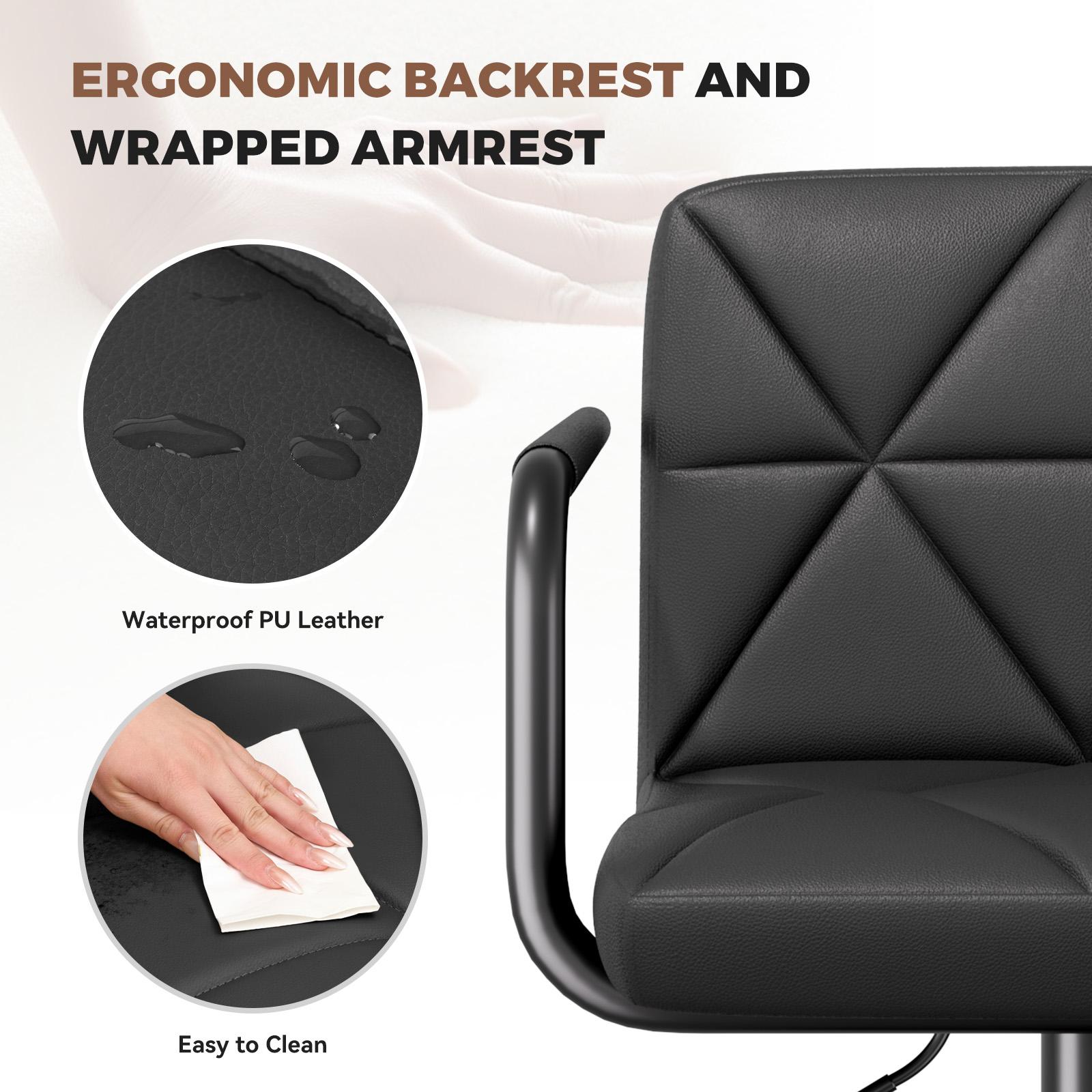 Set of 2 Barstools, Adjustable Height 25.5-34.5 IN with Back & Arms, Swivel PU Leather Upholstered Counter Height Bar Chairs