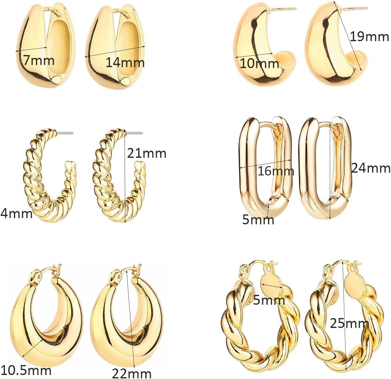 Elegant 6 Pairs 14K Gold Hoop Earrings for Women Lightweight Chunky Multipack Hypoallergenic Chic Jewelry Gift Accessories