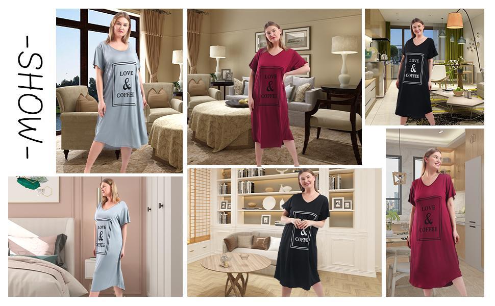 Plus Size Nightgowns for Women Short Sleeve Sleep Dress V Neck Loose Sleepwear Loungewear NGP01 Nightdress Black Coffee