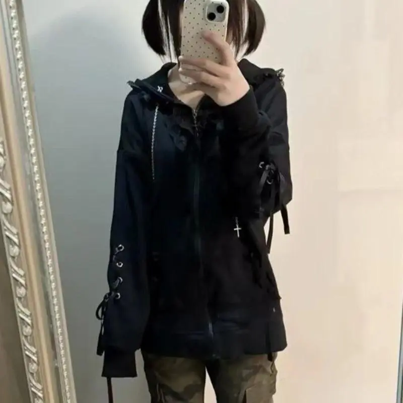 Faux Fur American Vintage Coats with Hooded Women's Y2K Sweatshirts Gothic Harajuku Subculture Punk Emo Sweatshirts and Jacket