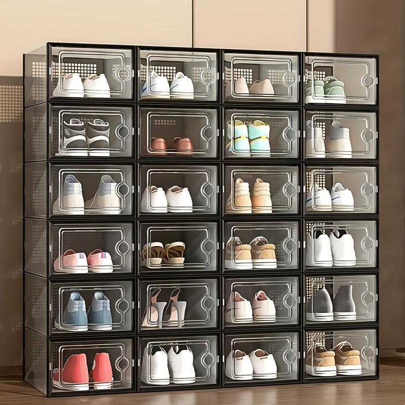 12 Pcs Thickened Clear Shoe Box with Cover, Foldable Shoe Rack Stackable Shoe Rack, Free Combination, Plastic Sneaker Container, Space-Saving Storage Organizer