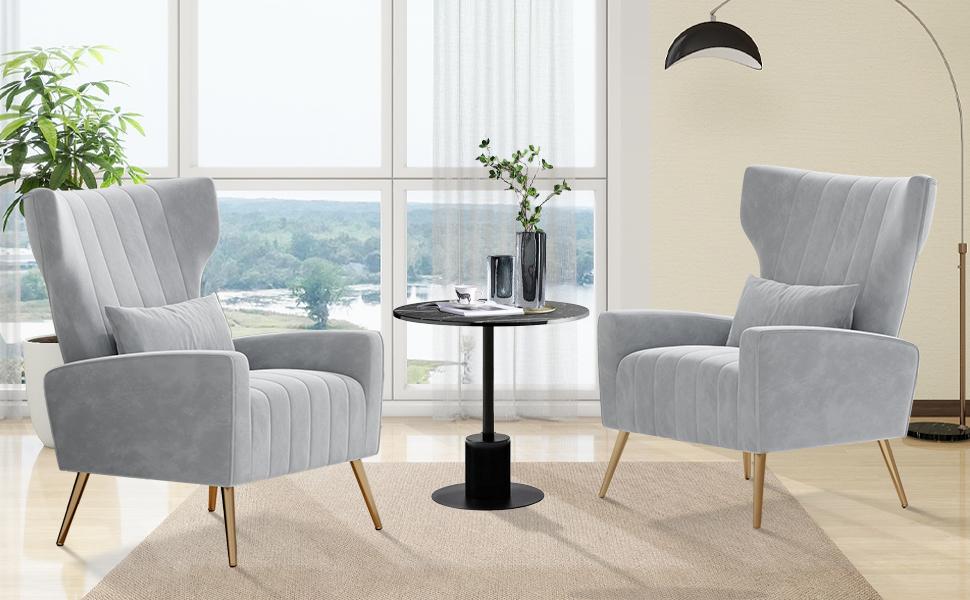 Velvet Accent Chair Wingback for Living Room, High Back Arm Chair with Golden Legs Lumbar Pillow, Upholstered Single Sofa Bedroom Beige