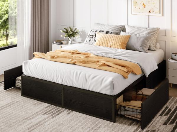 SHA CERLIN Full Size/Queen Bed Frame - Full Platform Design, Rustic Wood & Metal Build, 2 Large Storage Drawers, Noise-Free, No Box Spring Needed, Black/Brown Summervibes Father's Day Gift, Full Size Bed
