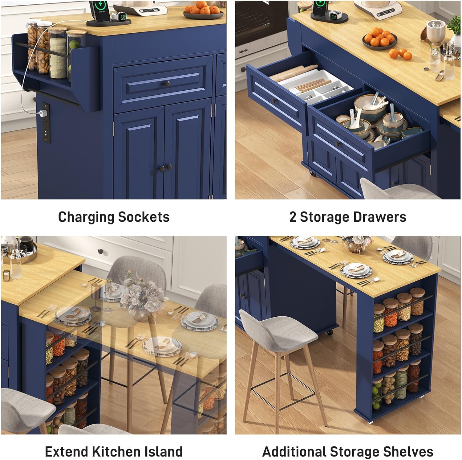 80"-48" Extendable Kitchen Island with Extended Dining Table and Power Outlet,Large Mobile Kitchen Storage Islands with 2 Storage Drawers,Rolling Islands Cart with 3 Extra Rows Open Shelves(White/Black/Brown/Blue)