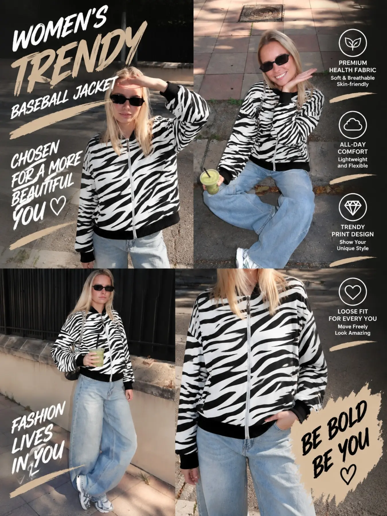 Women's Zebra Stripe Print Full Zip Baseball Jacket, Vintage Animal Pattern Windproof Jacket, Stylish Casual Fall Winter Bomber Coat, Fall Jackets