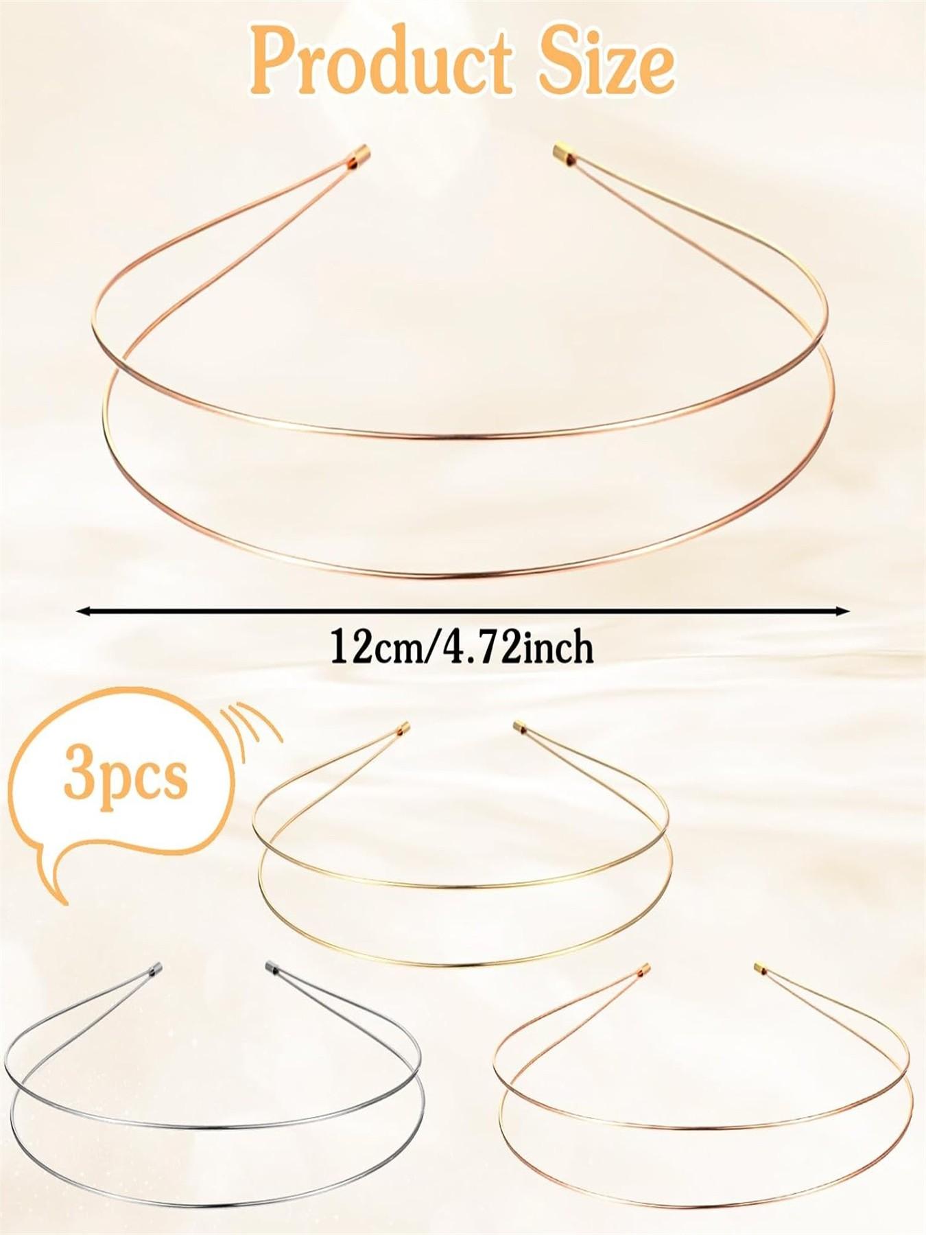 3 Pcs Thin Metal Headbands, Double-Layer Hairbands, Elegant Headband for Women, Bridal Wedding Party Accessories, Silver Color, Rose