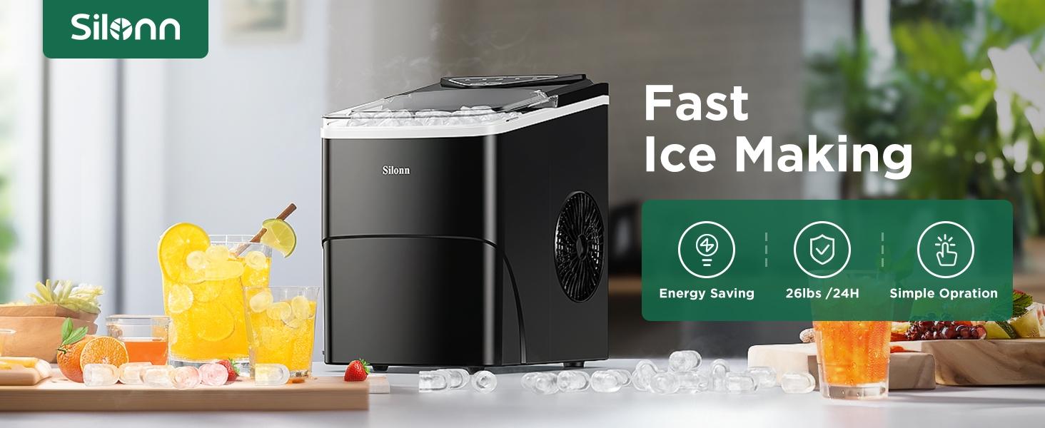 Silonn Ice Maker Countertop, Portable Ice Machine with Carry Handle, Self-Cleaning Ice Makers with Basket and Scoop, 9 Cubes in 6 Mins, 26 lbs per Day, Ideal for Home, Kitchen, Camping, RV