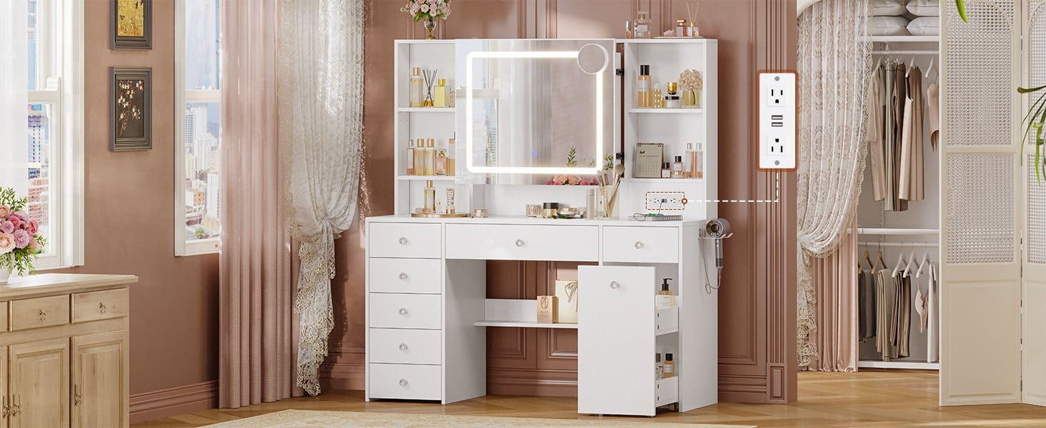Sikaic 47.2 Inches Makeup Vanity with Pull-Out LED Mirror and Power Outlet White high quality