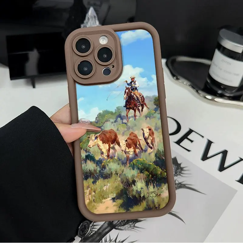 Cowboys driving cattle Pattern Man's Phone Case for iPhone 18 17 16 15 14 Pro Max 13 12 11 XR XS Plus Shockproof Non Slip Military-Grade Protection Silicone Cover Cellphone Protective Smartphone Casing