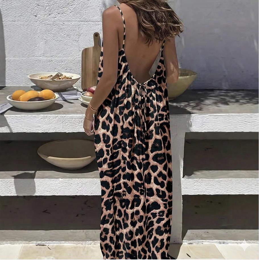 2026 Women's Nightdress Printed Halter Neck Backless Loose Nightgown Casual Homewear in Leopard Print