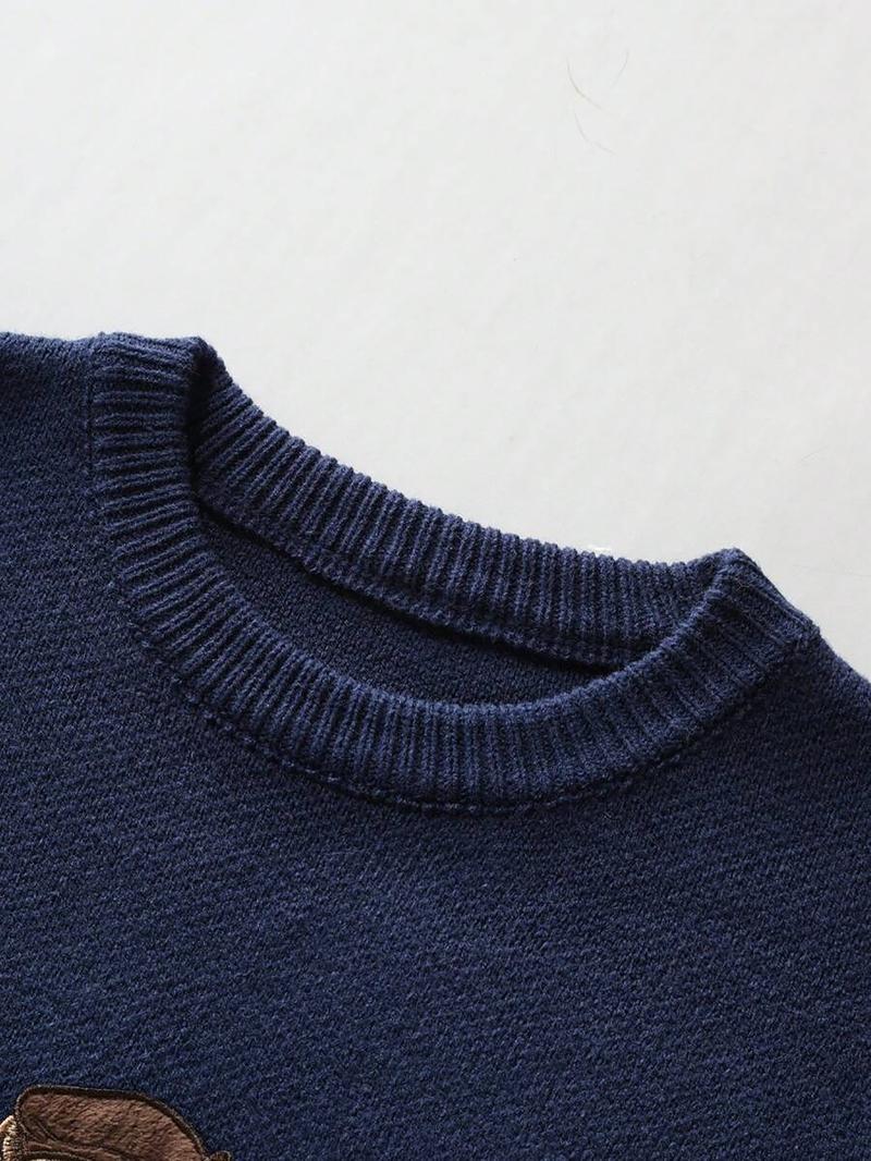 Unisex Fall Winter New Cartoon Bear Embroidered Round Neck Knit Pullover, Casual Comfy Pullover, Casual Comfortable College Style Sweater, Elegant Fashion Top
