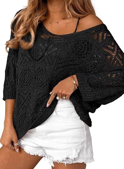 Women's Spring/Summer Crochet Hollow Out Three-Quarter Sleeve Pullover Sweater Batwing Sleeve Vacation Style Intellectual and Gentle Style