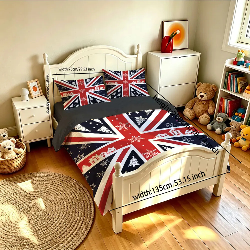 The 3-piece Christmas-themed British flag bedding set includes one bedspread and two pillowcases, without fillings. It's soft and comfortable, suitable for single beds and double beds, and ideal for use in bedrooms, dormitories, and hotels.