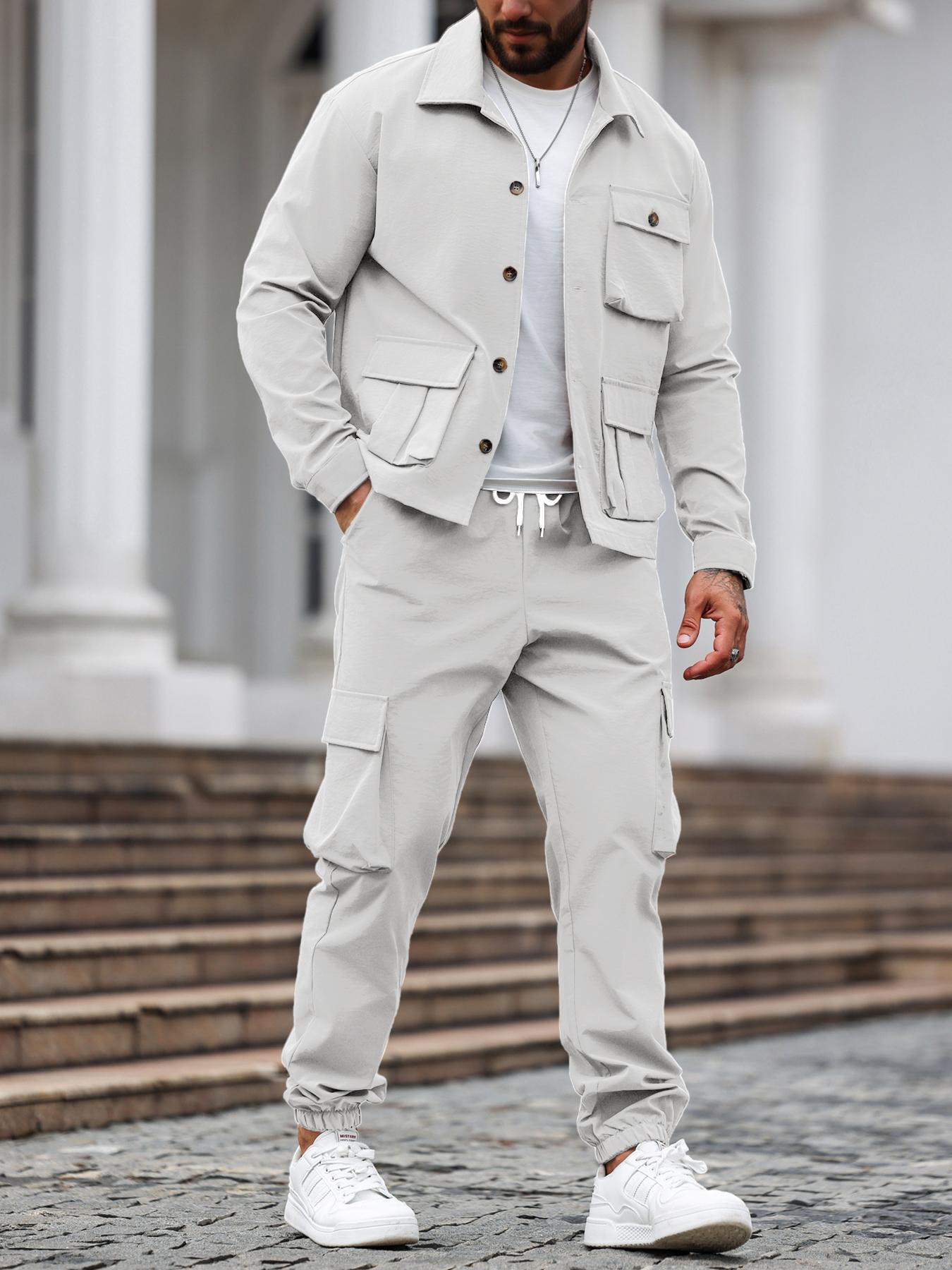 Men's Solid Color Pocket Button Front Shirt & Pants Two-Piece Set, Casual Lounge Set, Casual Long Sleeve Collar Top & Trousers Set, Men's Spring & Fall Clothes