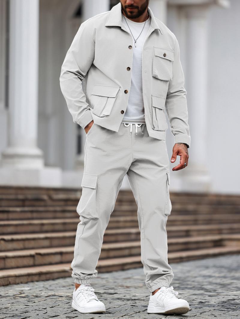 Men's Solid Color Pocket Button Front Jackets & Pants Two-Piece Set, Casual Long Sleeve Collar Top & Trousers Set, Men's Spring & Fall Clothes Men's Solid Color Pocket Button Front Jackets & Pants Two-Piece Set, Casual Long Sleeve Collar Top & Trousers Set, Men's Spring & Fall Clothes