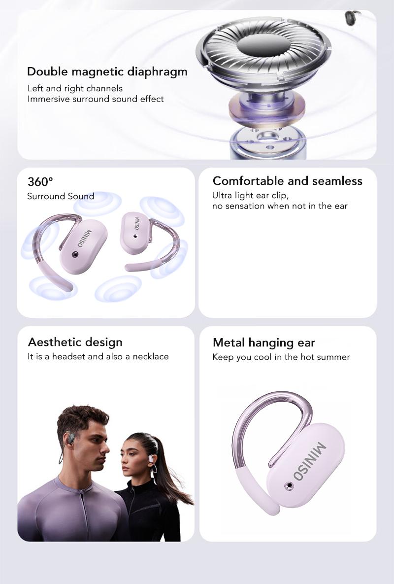 MINISO X68 Open Ear Bluetooth 5.4 Headphones, True Wireless Over Ear Headsets, 38Hrs Long Battery Playtime for Music Work Earphones Audio Electronic
