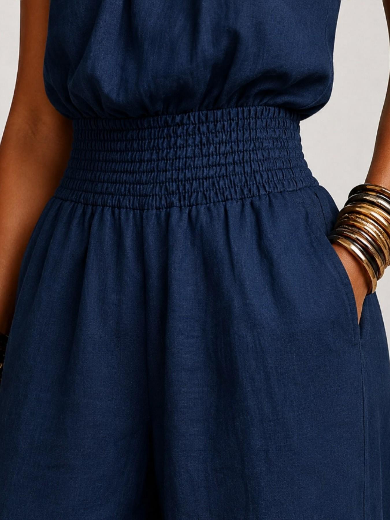 BohoChic Smocked High Waist Linen Blend Halter Neck Wide Leg Jumpsuit, Plain Ruched Jumpsuit, Sleeveless Pocket Design Casual Outfit for Beach Vacation Bohemian Daily Wear, Oversized Loose Fit Resort Romper Outfit Women Apparel