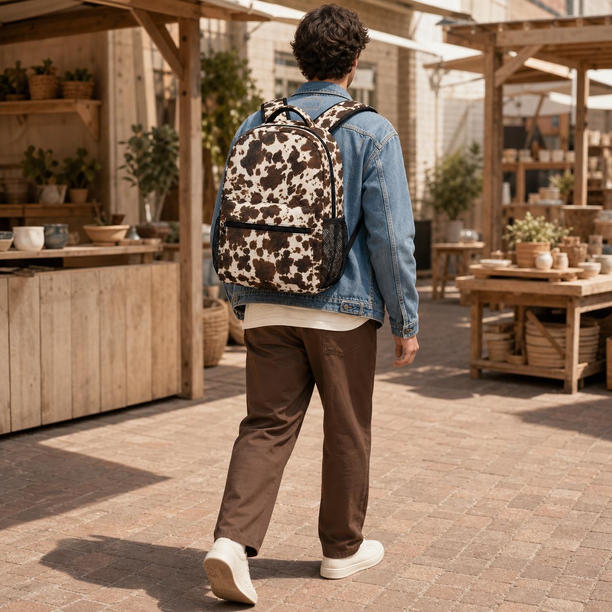 Polyester Brown & Cream Cow Print Backpack with Organic Spots - Western Animal Pattern Daypack, Front Zipper Pocket, Dual Mesh Pockets, Top Handle, Adjustable Shoulder Straps for School/Work, Gym Use, Backpack Bags, Printed Backpack