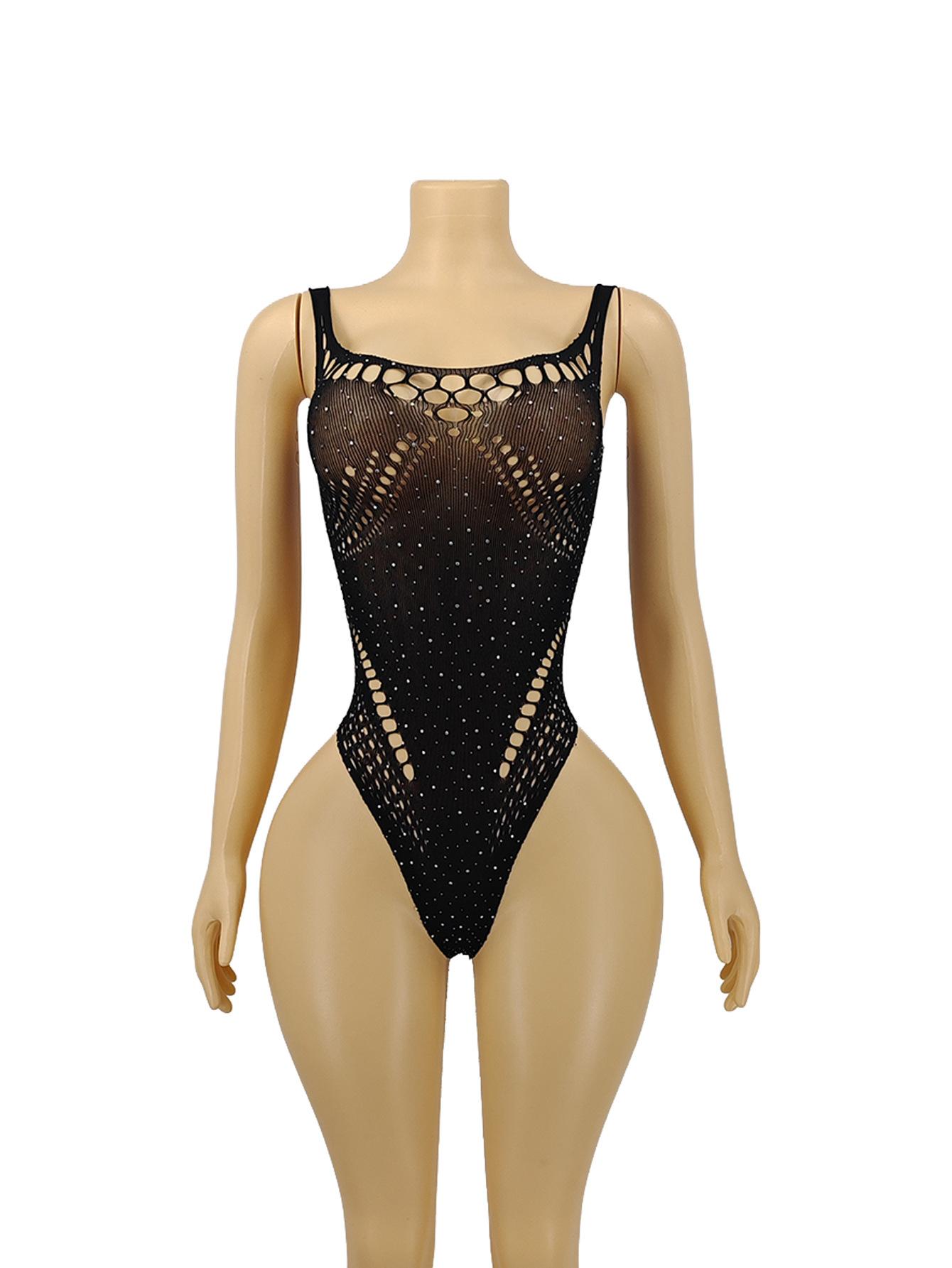 Jacquard Fishnet Bodysuit for Women, See-Through Lingerie with Spaghetti Straps and Hollow-Out Details, Tz1566-Black, Mesh Bodystocking, Fishnet Fabric Bodysuit, Sheer Mesh Bodysuit