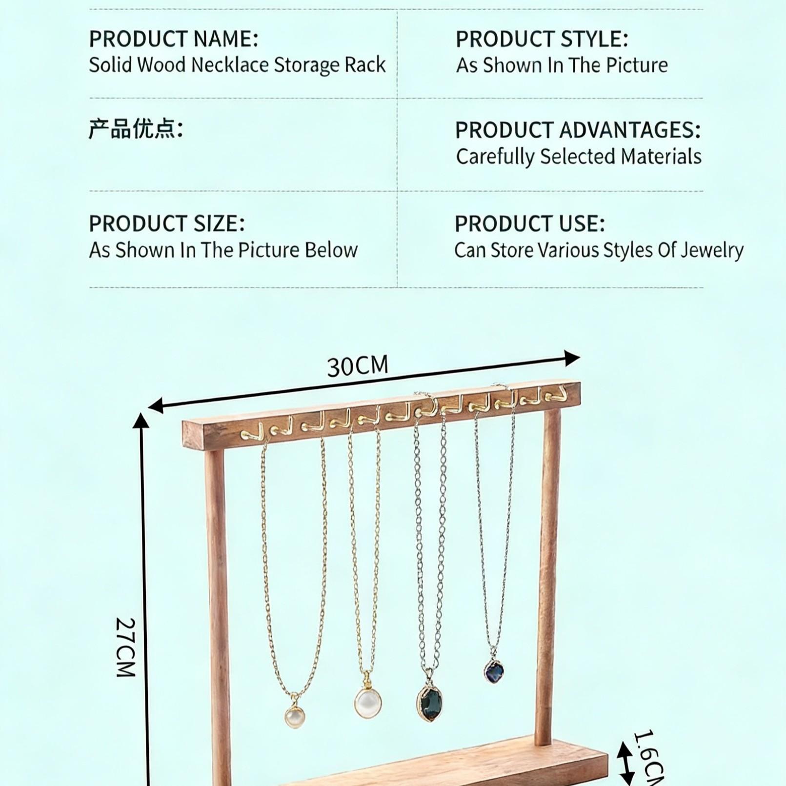 Walnut Color Necklace Display Stand, Solid Wood Jewelry Holder, Handmade Bracelet Pendant Rack, Wooden Storage Organizer