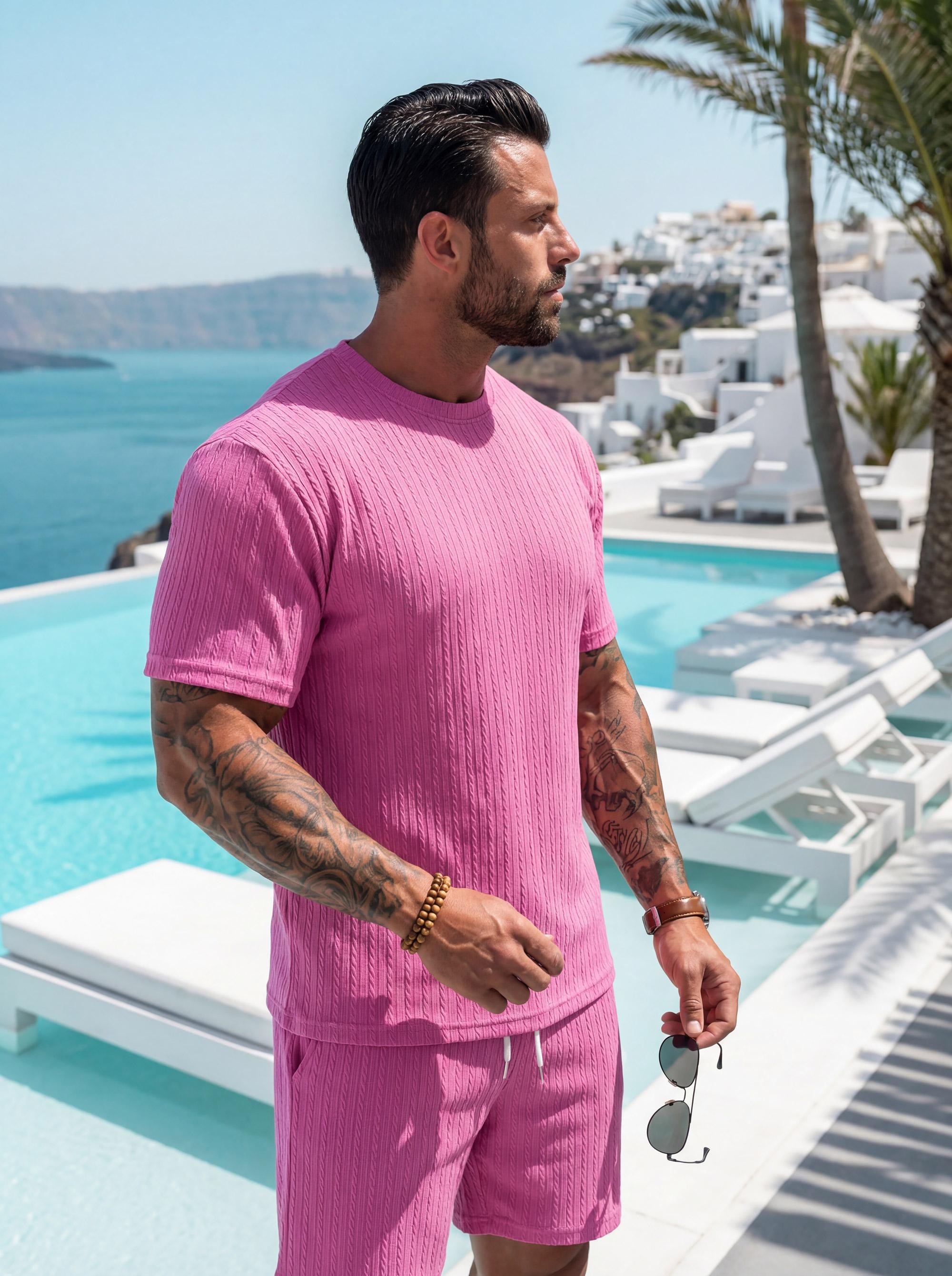 KZZ vacation outfits Two-Piece Set Men's Solid Textured Drop Shoulder Short Sleeve Tee & Drawstring Waist Shorts Set, Spring & Summer Clothes, Loose Casual Fashion Crew Neck christmas gifts for him Tropical SpringStatements