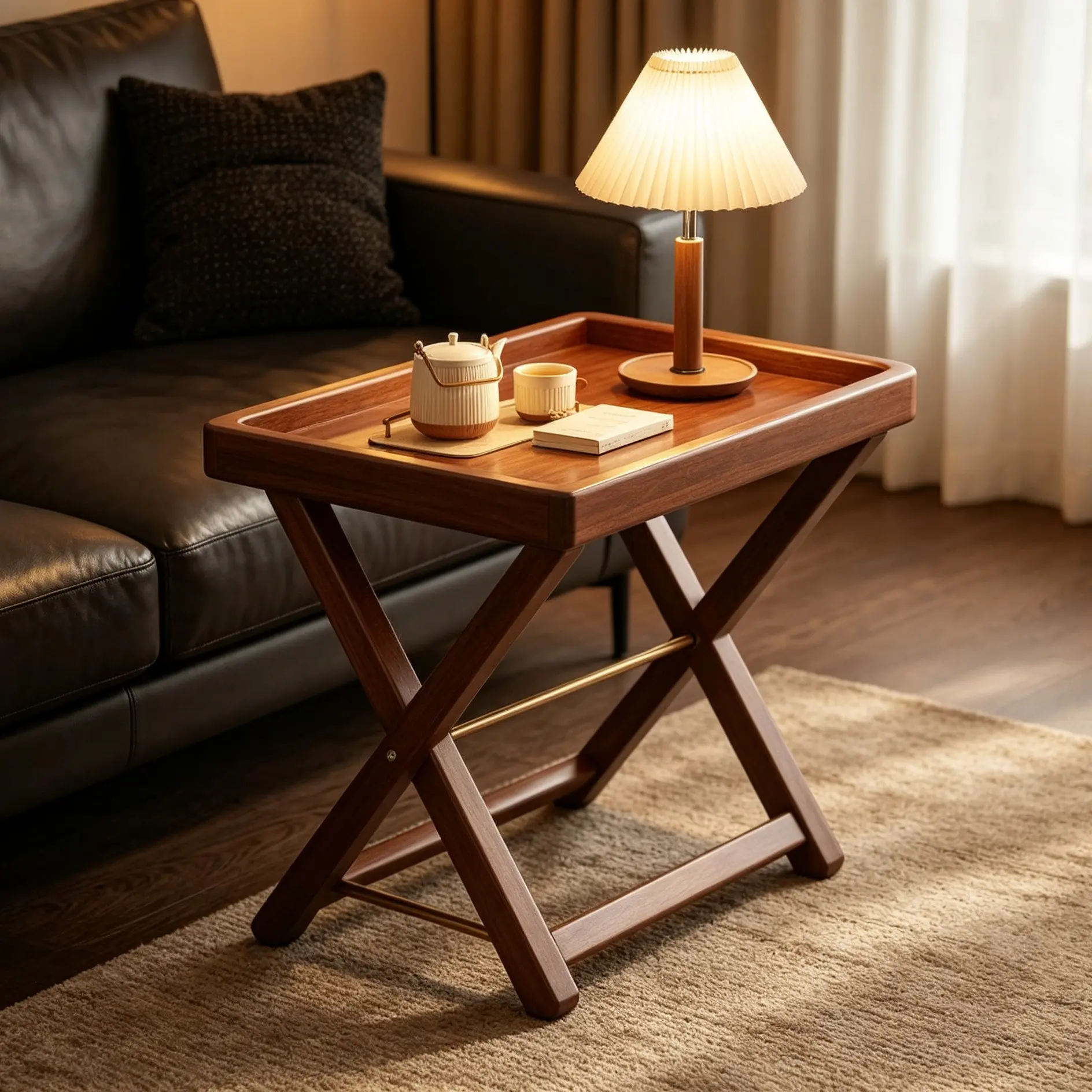 1pc Mini Foldable Wooden Side Table with Raised Tray Edge, Lightweight X‑Frame End Table, Practical Small Modern Accent Table for Sofa Side, Bedside, Balcony & Reading Nook