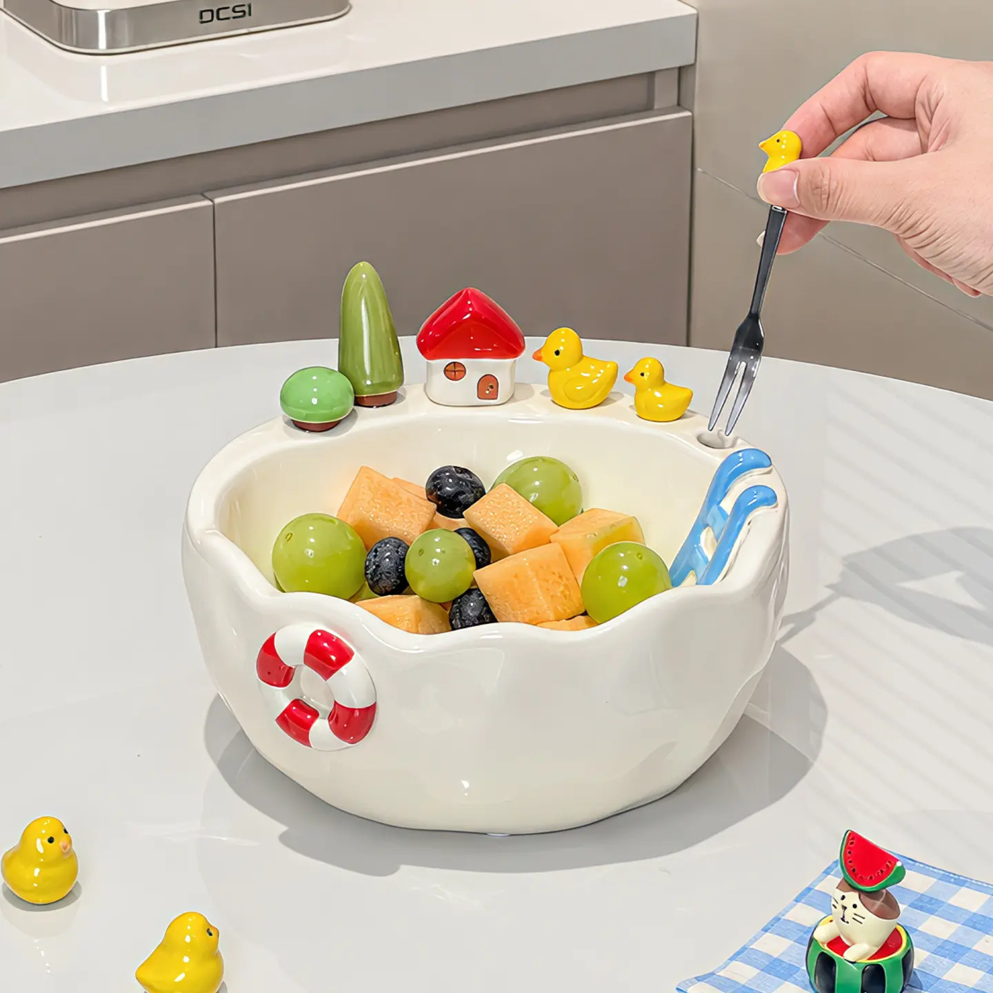 Ceramic Fruit Bowl with Fork Set, Creative Pool Shaped Fruit Platter for Summer Party, Cute Tableware for Living Room Coffee Table, Cutlery Tableware