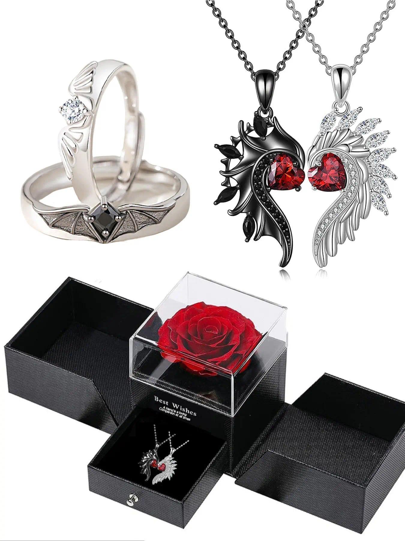 Angel & Devil Couple's Promise Ring Set — Matching Rings and Necklaces. Uniquely Designed, Making It the Perfect Gift for Girlfriends, Boyfriends, and Lovers—Ideal for Valentine's Day, Christmas, or as a Romantic Present for Her.