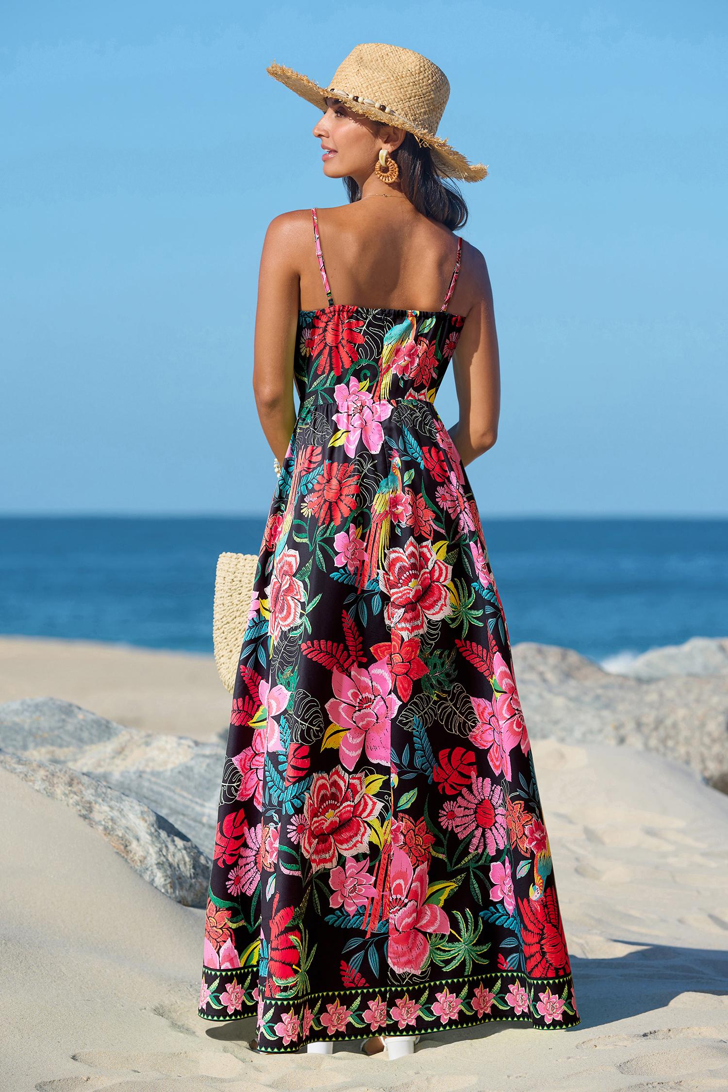 CUPSHE Vibrant Oasis Tropical Maxi Dress with Square Neckline Sleeveless Floral Print Back Zip Closure Boho Beach Bohemian Outfit for Women - Yellow birthday outfit SpringStatements