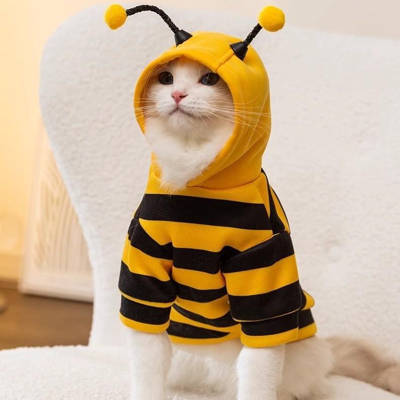 Small Size Cat Hoodie Coat - 1-Piece Bee-Style Striped Print Skin-Safe Fabric, Autumn Winter Warm Anti-Hair Loss Pet Halloween Costume, One-Piece