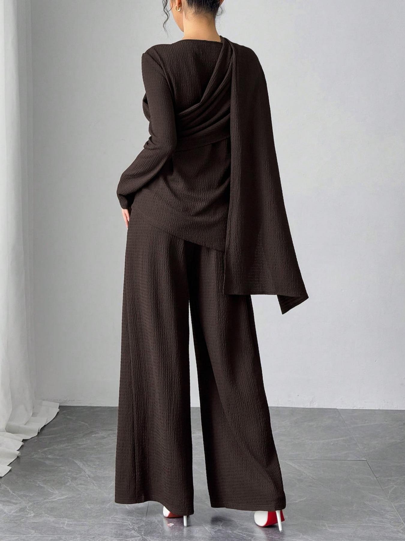 Asymmetric Design Shawl Set, High-End Casual Three-Piece, Textured Top & Wide-Leg Pants, Stylish Daily Wear