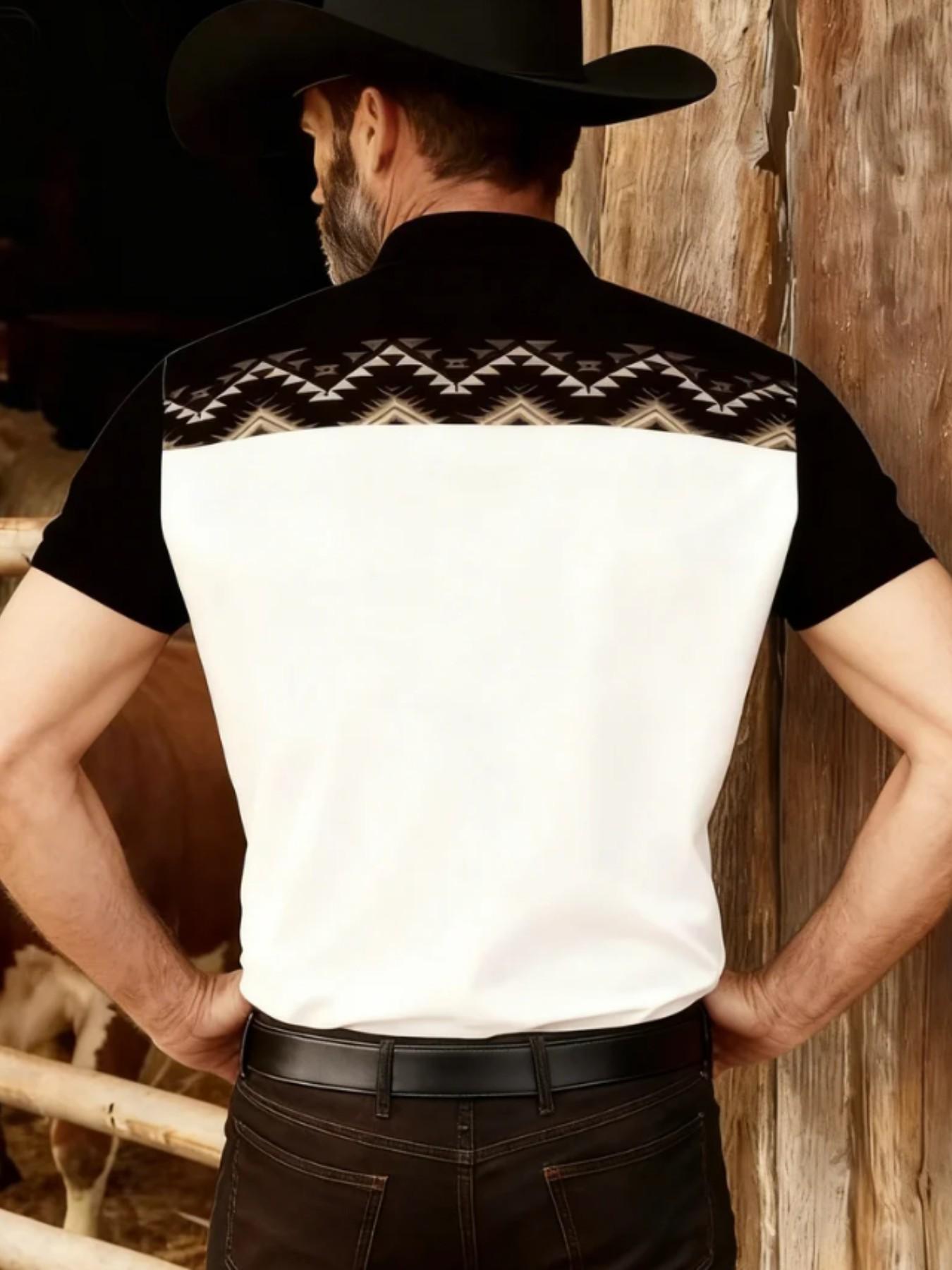 Men's Aztec Print Short Sleeve Shirt, Western Style Retro Colorblock Denim Shirt, Summer Casual Workwear Collarless Top, Western Influence, Menswear