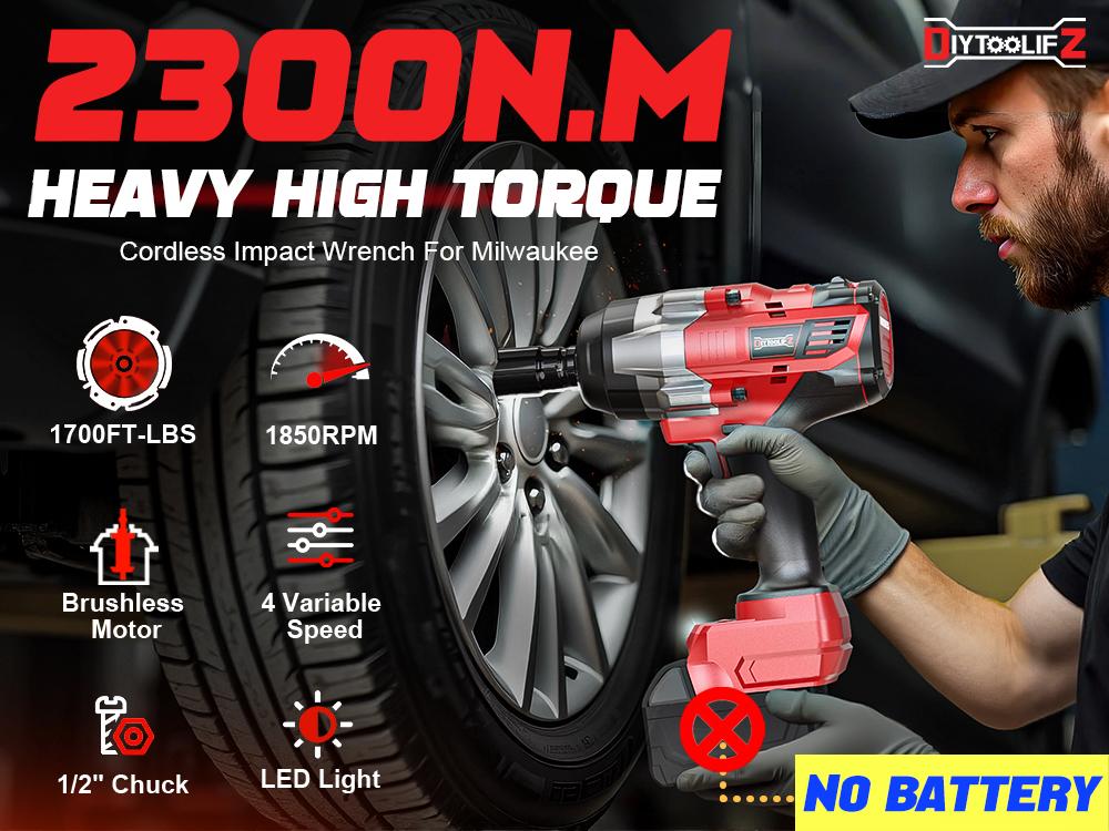 1700Ft-lbs (2300N.m) Cordless Impact Wrench 1/2" Compatible with Milwaukee 18V Battery(No Battery!!), Brushless Impact Gun with 4 Modes & LED Light for Car, Truck