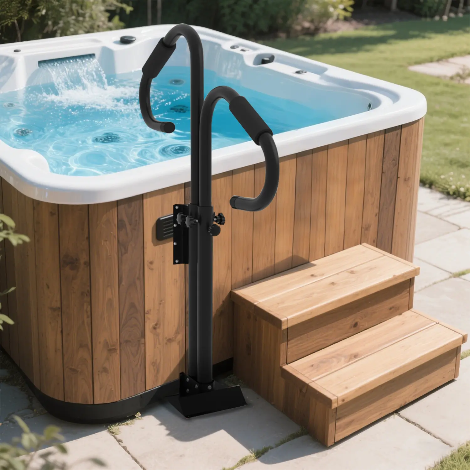 Hot Tub Hand Rail Non-Slip Spa Side Handrail 600Lbs Capacity Hot Tub Handle Bars with Slide-Under Mount Base Adjustable Height
