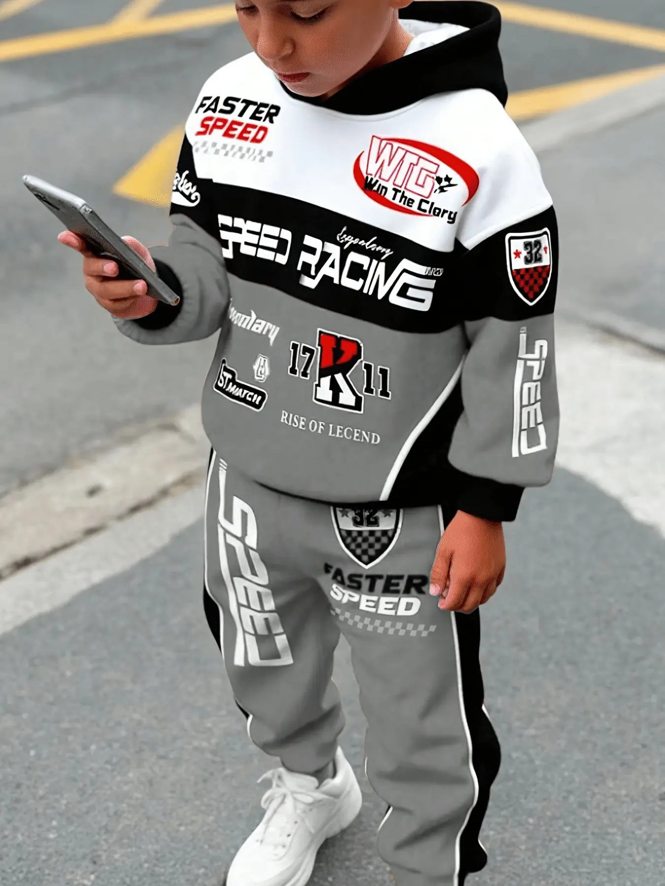 【Black Friday】Boys' Trendy Racing Suit Set, Colorblock Print Hooded Long Sleeve Sweatshirt, Fall Winter, Casual for School, Outdoor, Shopping, Sports, Color Blocking Set
