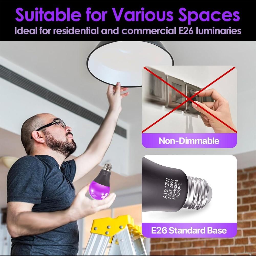 1/2 Pack Kasotile LED Black Light Bulbs, Halloween 12W A19 Blacklight, 100 Watt Equivalent, UVA Level 385-400nm Wavelength, Glow in The Dark for Body Art Paint, Fluorescent Poster, Neon Glow Party