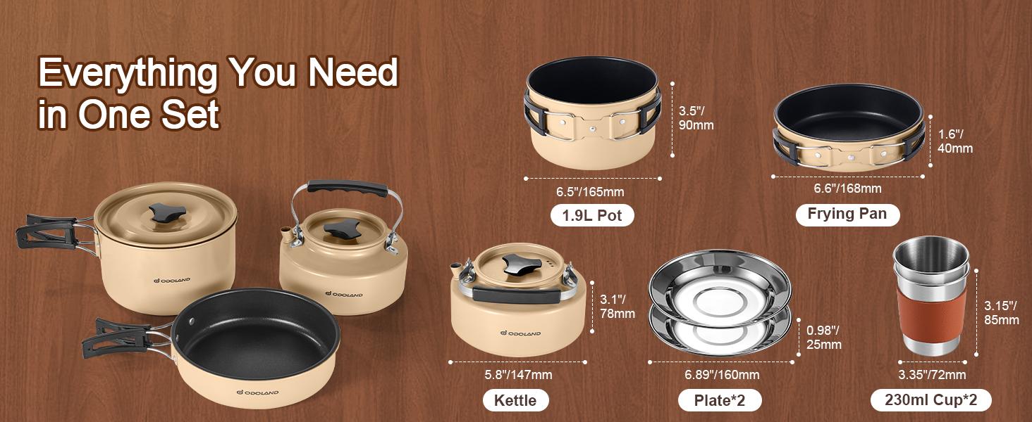 Odoland Camping Cookware Set Non-Stick Pot and Pan Set with Kettle, Stainless Steel Utensils Mess Kit, Cups Plates Knives Spoons Forks for Outdoor Cooking,Khaki