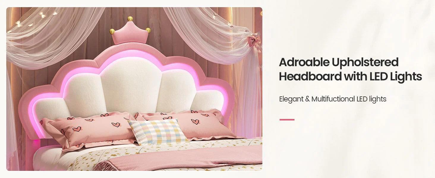 Girls Full Bed Frame with Princess Crown and LED Velvet Upholstered Platform Pink Girls Full Bed Frame with Princess Crown and LED Velvet Upholstered Platform Pink